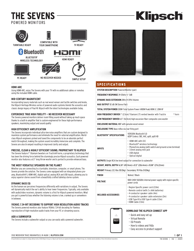 Page n°1 - Fiche technique Klipsch The Sevens