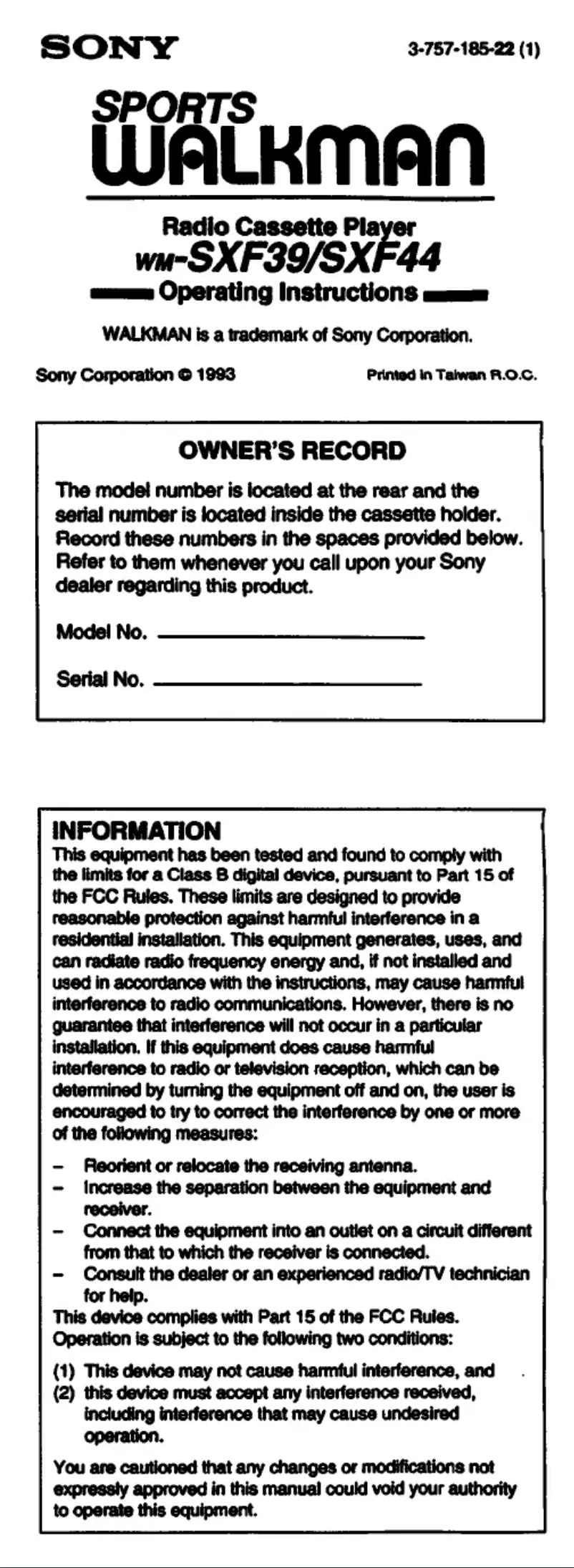 Page 1 de la notice Manuel utilisateur Sony Walkman WM-SXF44