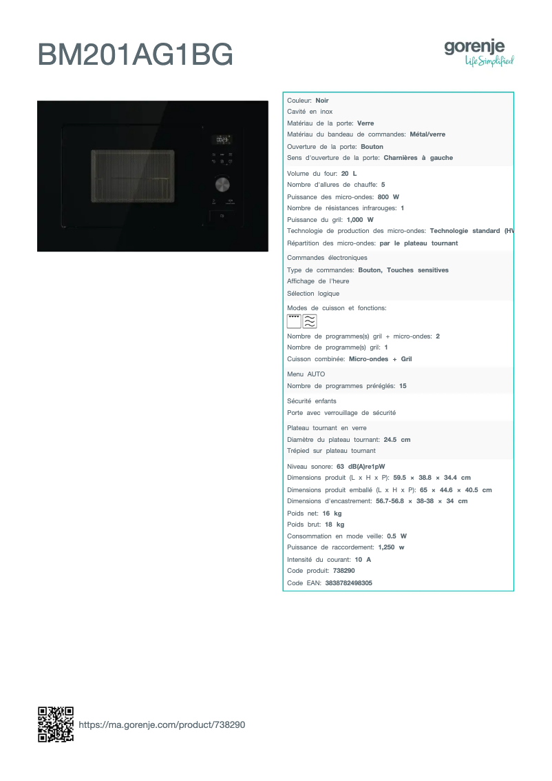 Page 1 de la notice Fiche technique Gorenje BM201AG1BG