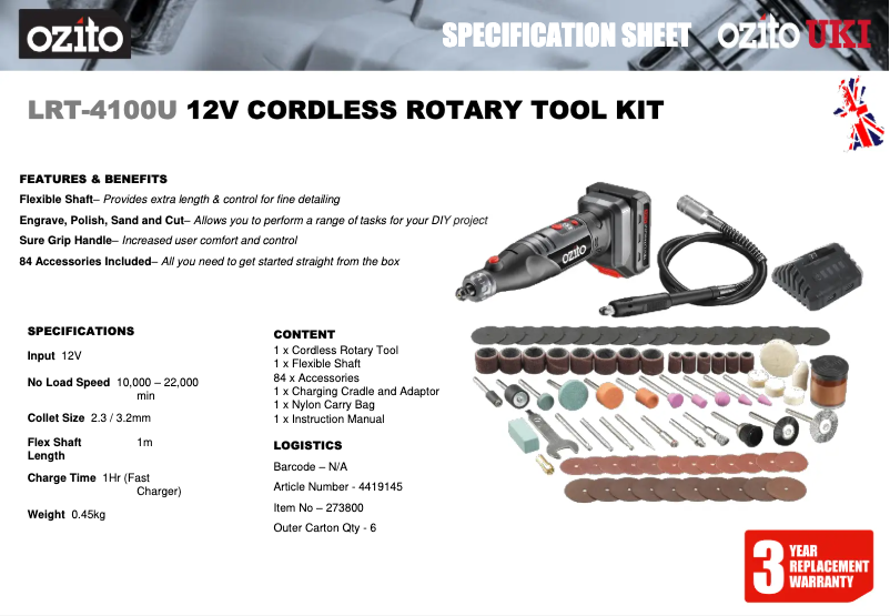 Página 1 del manual Ficha técnica Ozito LRT-4100U