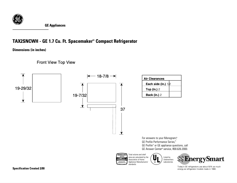 Page 1 de la notice Fiche technique GE TAX2SNCWH