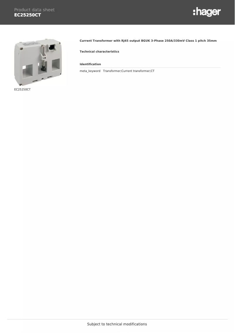 Page n°1 - Fiche technique Hager EC25250CT
