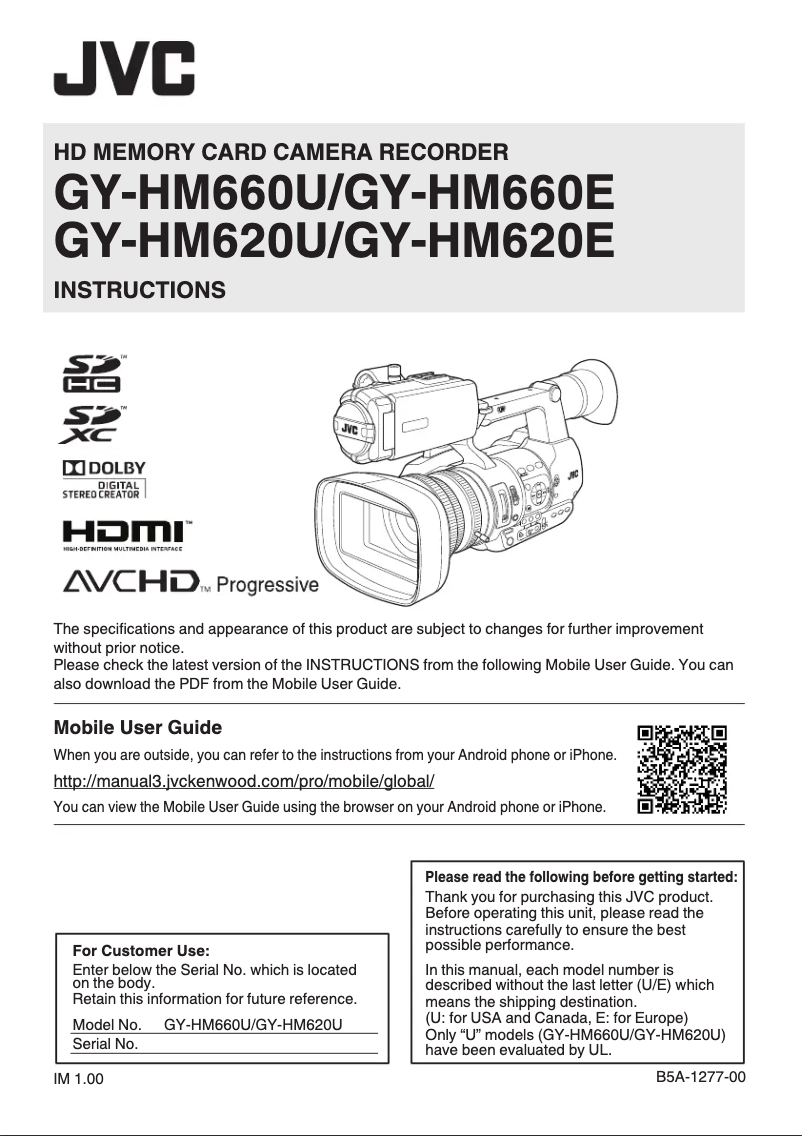 Page 1 de la notice Manuel utilisateur JVC GY-HM620