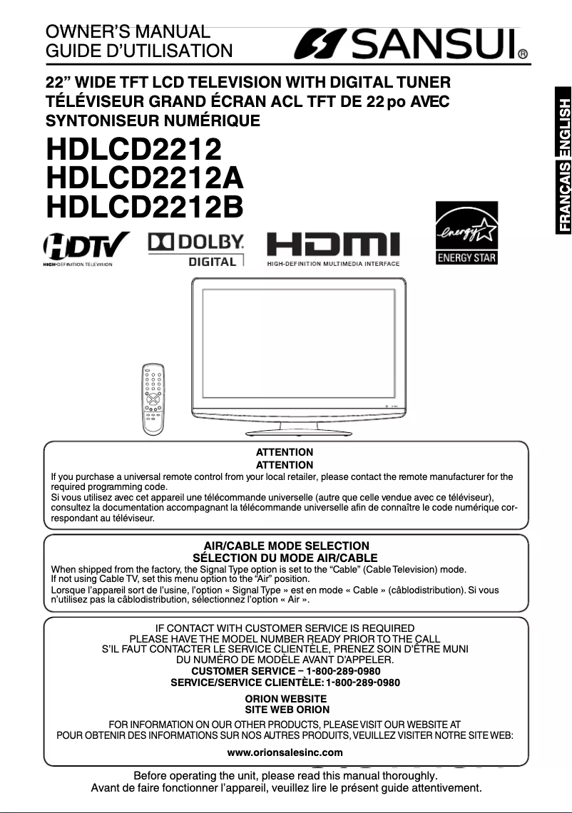 Page n°1 - Manuel utilisateur Sansui HDLCD2212