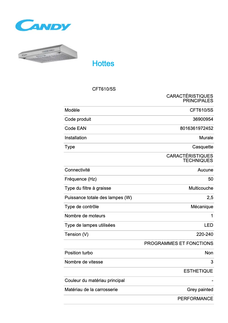 Page n°1 - Fiche technique Candy CFT610/5S