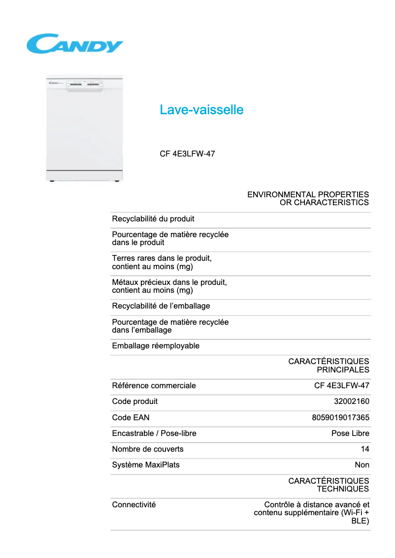 Page 1 de la notice Fiche technique Candy CF 4E3LFW-47