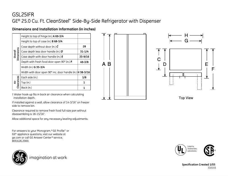 Page 1 de la notice Fiche technique GE GSL25IFRBS