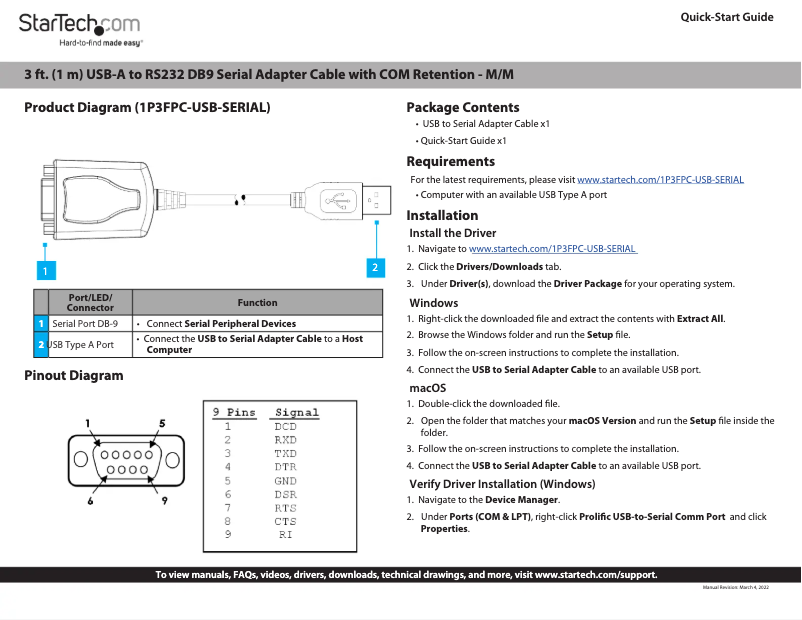 Page n°1 - Manuel utilisateur StarTech.com 1P3FPC-USB-SERIAL