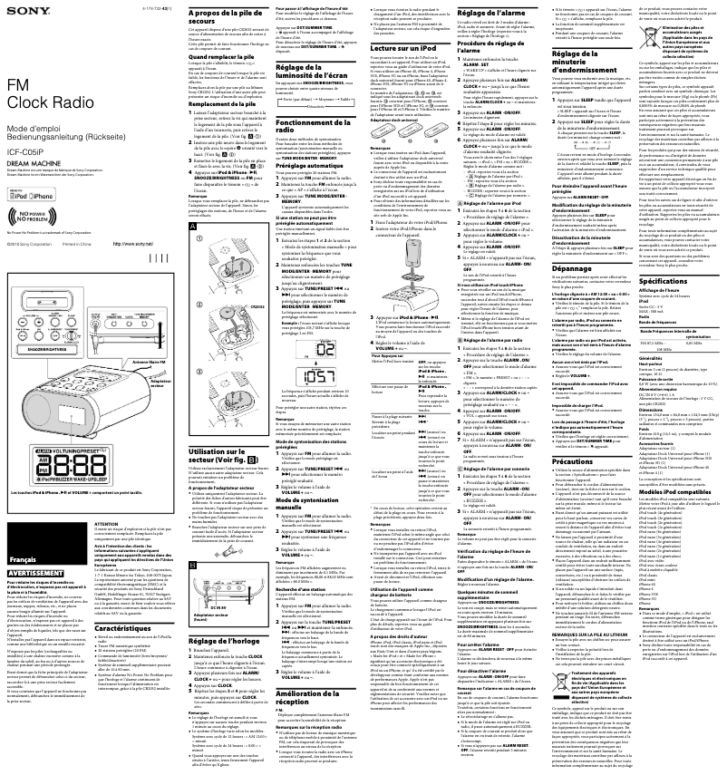 Page 1 de la notice Manuel utilisateur Sony ICF-C05IP