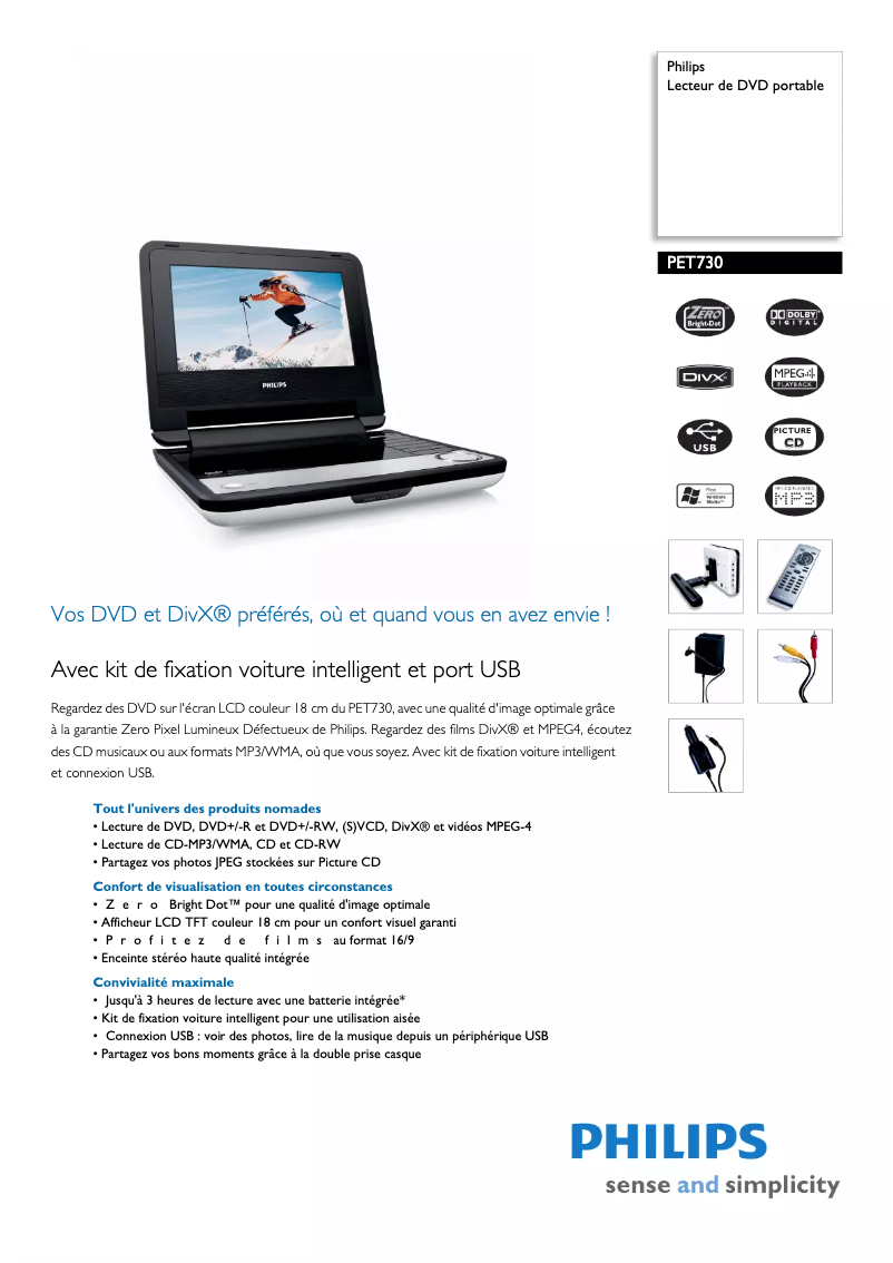 Page 1 de la notice Fiche technique Philips PET730