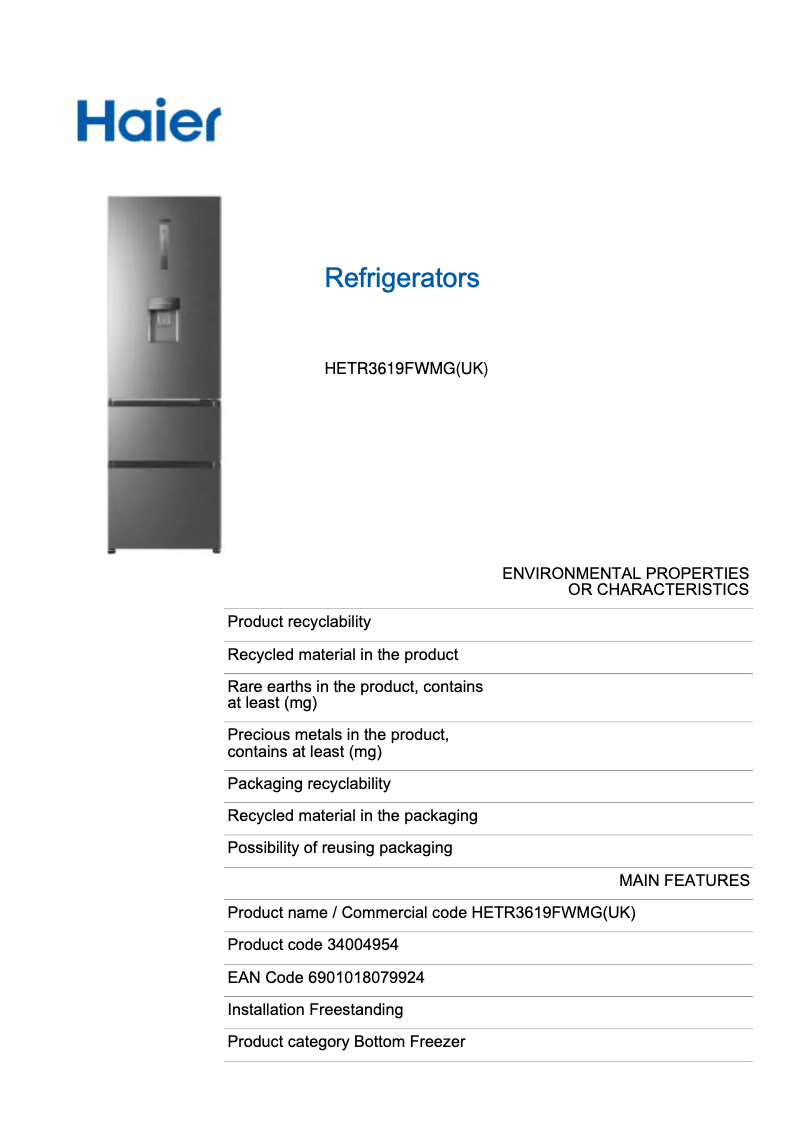 Page n°1 - Label énergétique Haier 3D 60 Serie 3 HETR3619FWMG