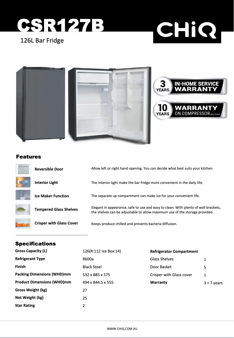 Página 1 del manual Ficha técnica CHiQ CSR127B
