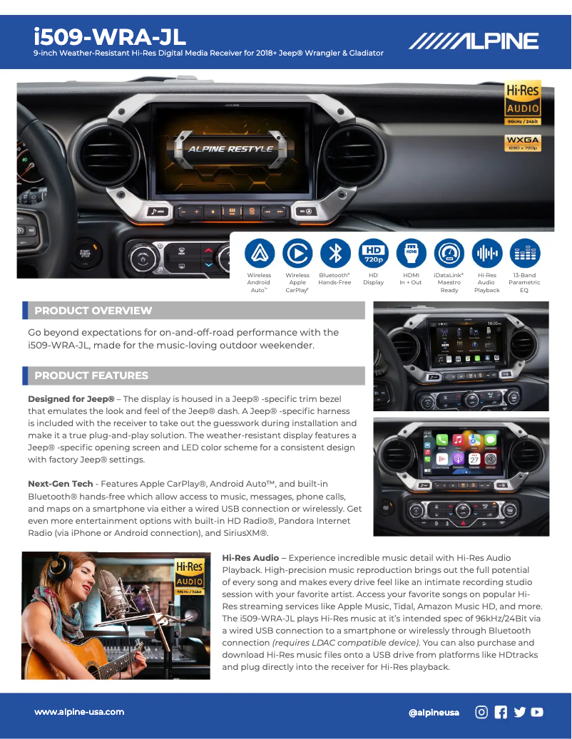 Page 1 de la notice Fiche technique Alpine Restyle i509-WRA-JL