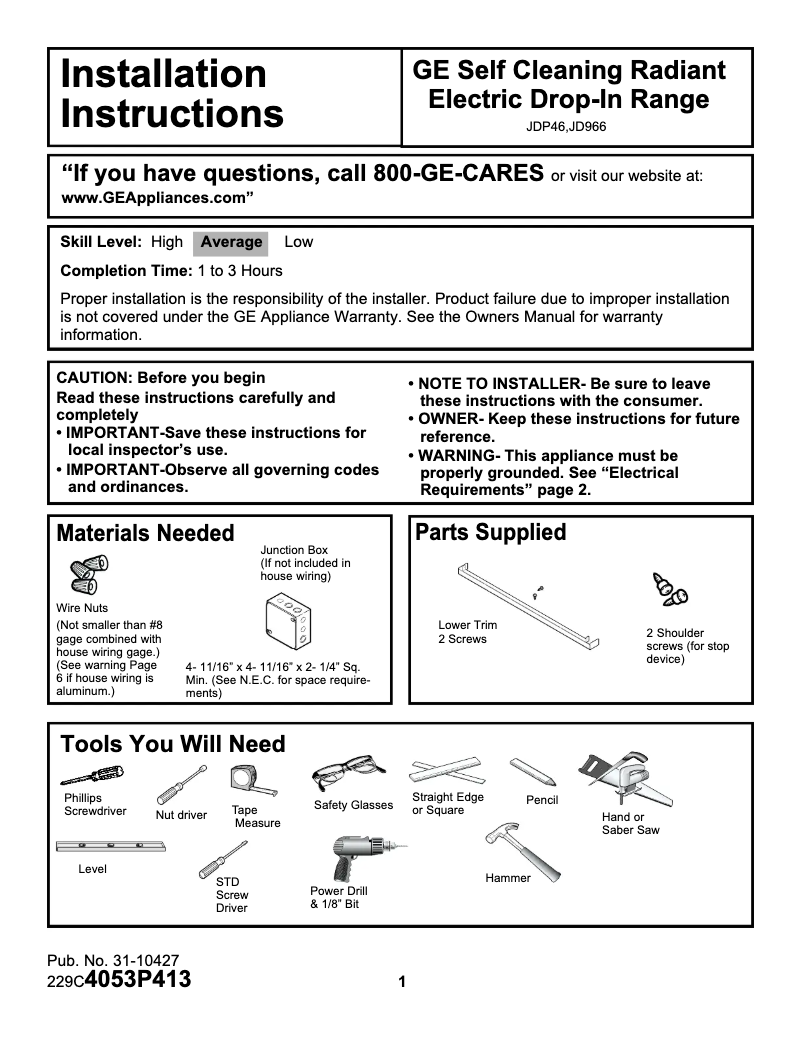 Page n°1 - Guide d'installation GE Profile JD966KDCC