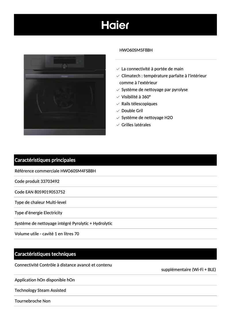Page 1 de la notice Fiche technique Haier HWO60SM5F8BH