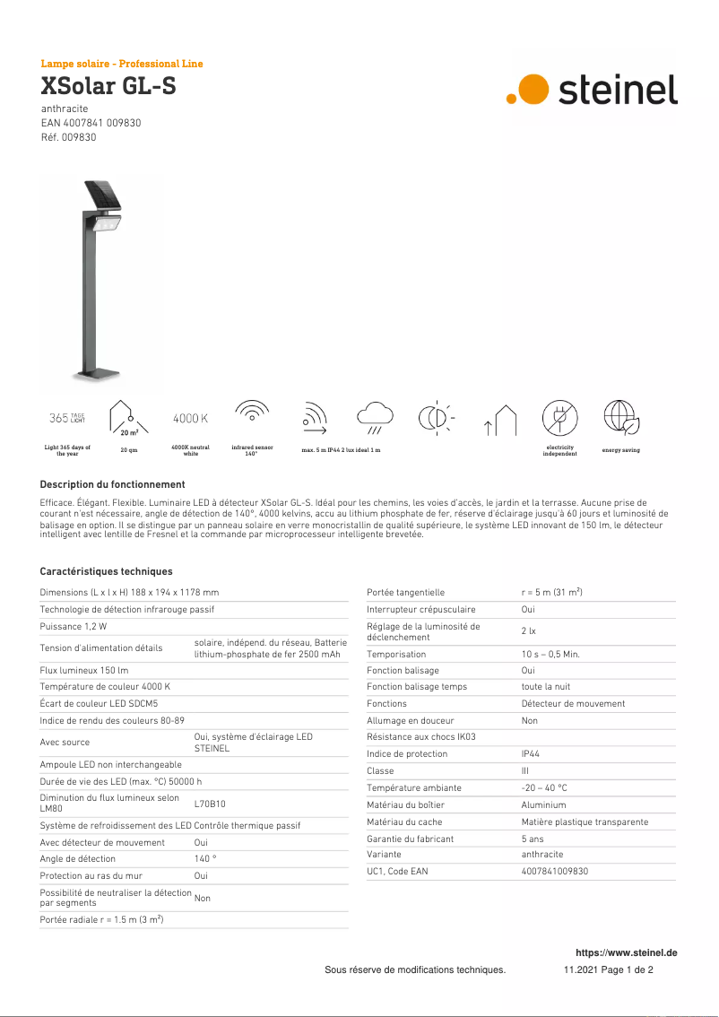 Page 1 de la notice Fiche technique Steinel XSolar GL