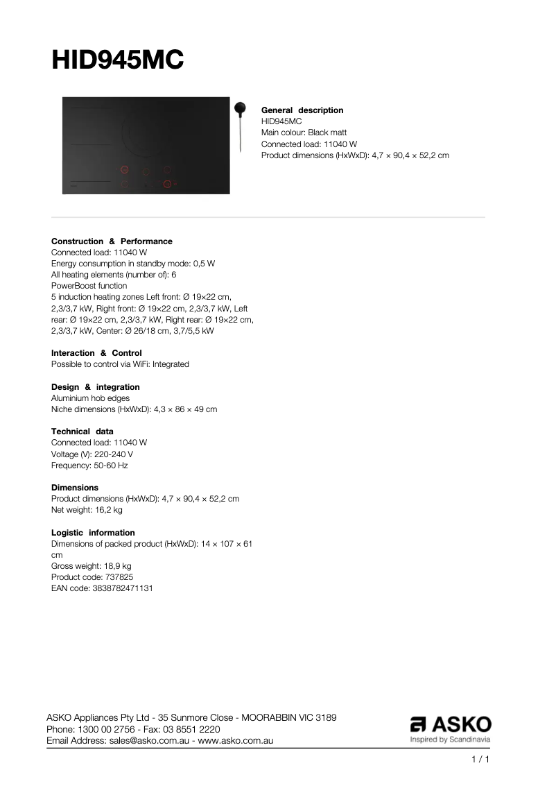 Page 1 de la notice Fiche technique Asko HID945MC