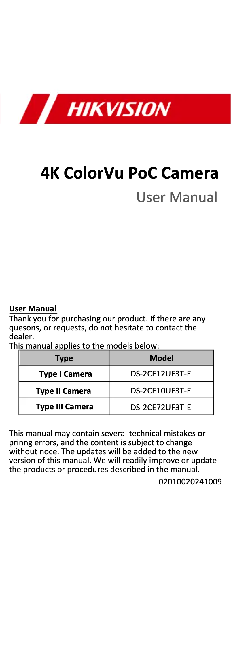 Page 1 de la notice Manuel utilisateur Hikvision DS-2CE10UF3T-E