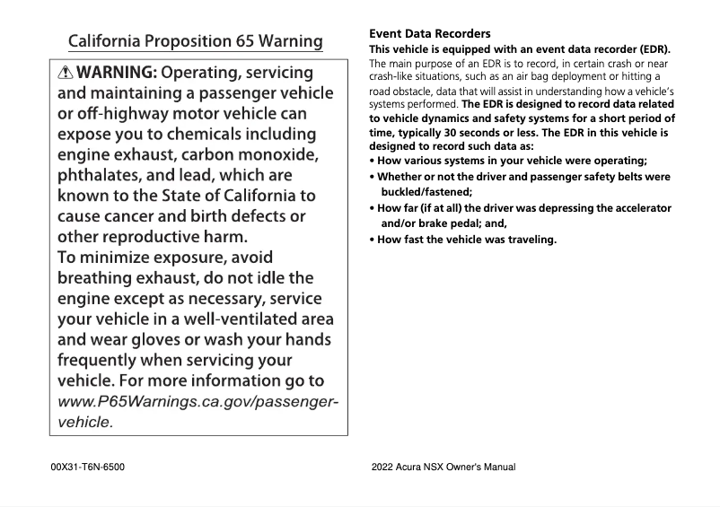 Page 1 de la notice Manuel utilisateur Acura NSX (2022)
