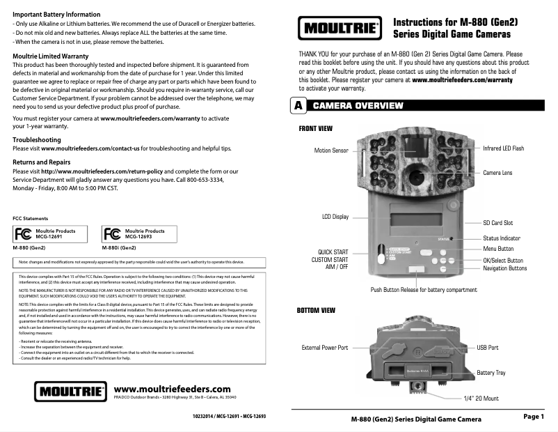 Page 1 de la notice Manuel utilisateur Moultrie M-880 Gen 2