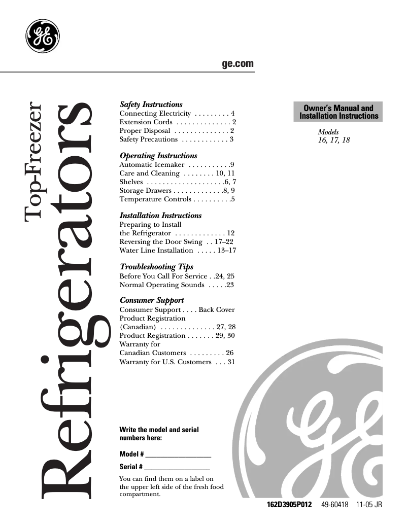 Page 1 de la notice Manuel d'utilisation et d'entretien GE STS18HBMCC