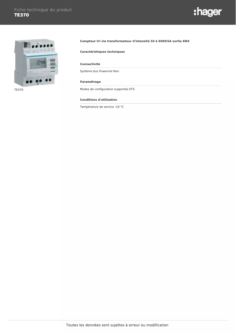 Page n°1 - Fiche technique Hager TE370