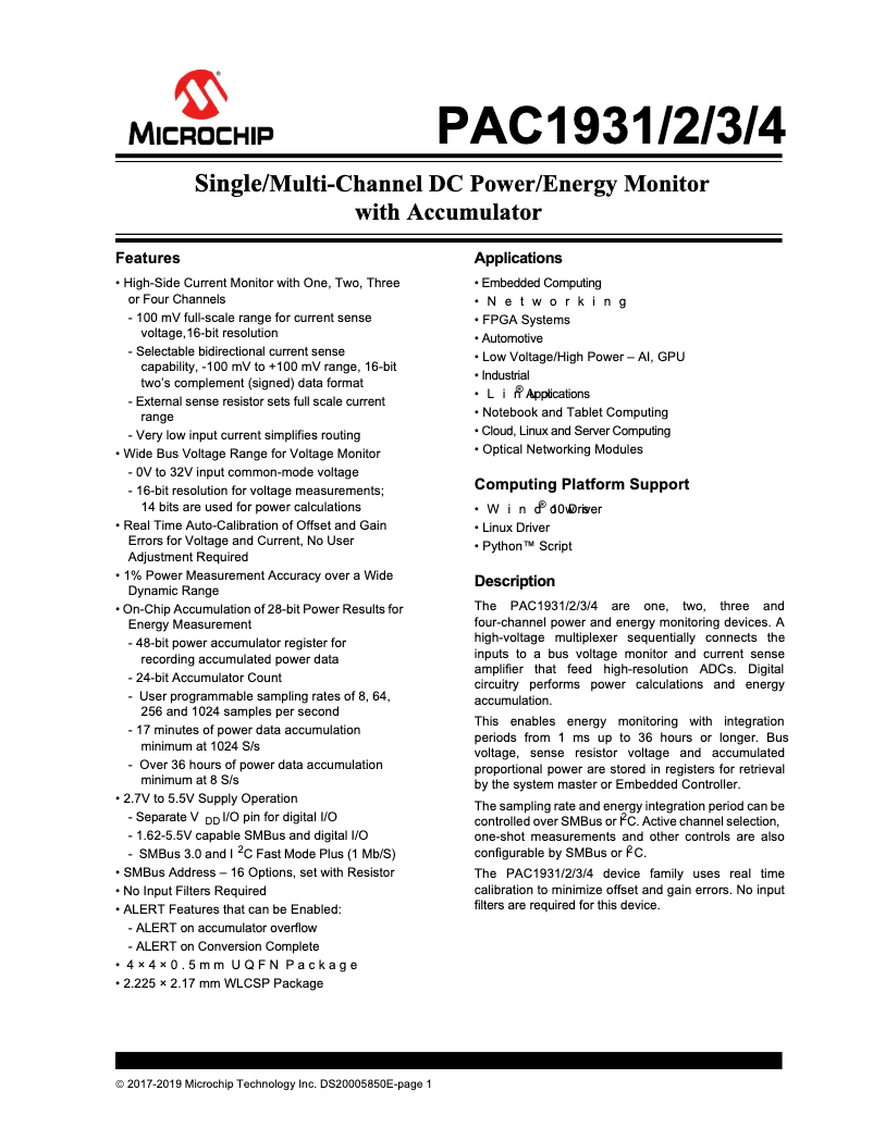 Page 1 de la notice Fiche technique Microchip PAC1933