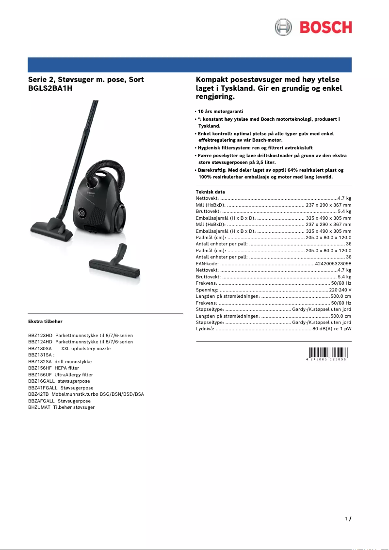 Page 1 de la notice Brochure Bosch Serie 2 BGLS2BA1H