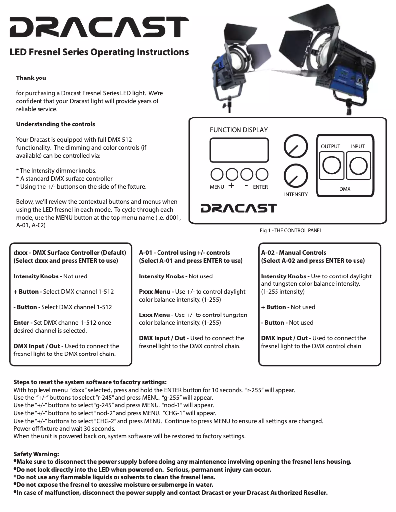 Page 1 de la notice Manuel utilisateur Dracast Fresnel Studio LED1000