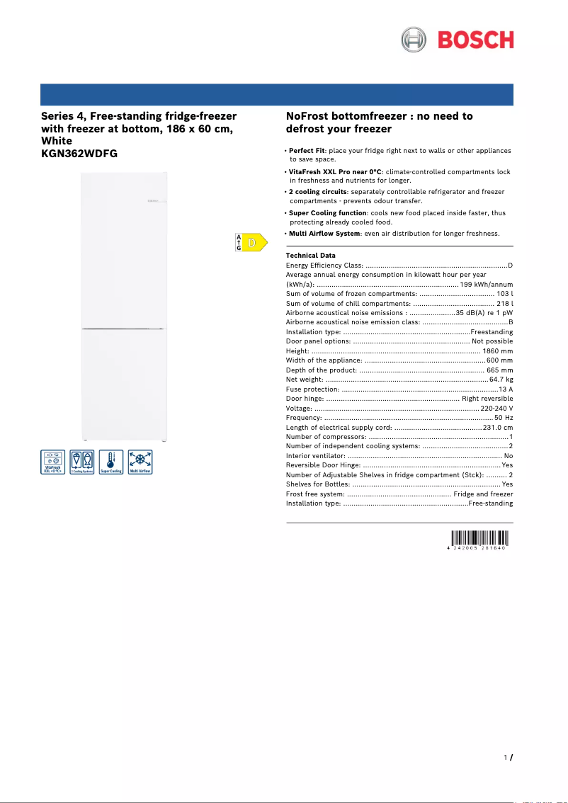 Page 1 de la notice Fiche technique Bosch KGN362WDFG