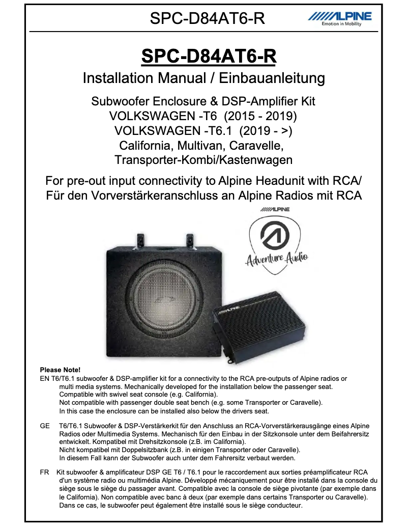 Page 1 de la notice Manuel utilisateur Alpine SPC-D84AT6-R