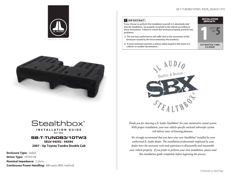 Page 1 de la notice Manuel utilisateur JL Audio Stealthbox SB-T-TUNDB3/10TW3/BK