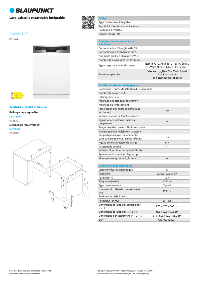 Page n°1 - Fiche technique Blaupunkt 5VI6S01HVE