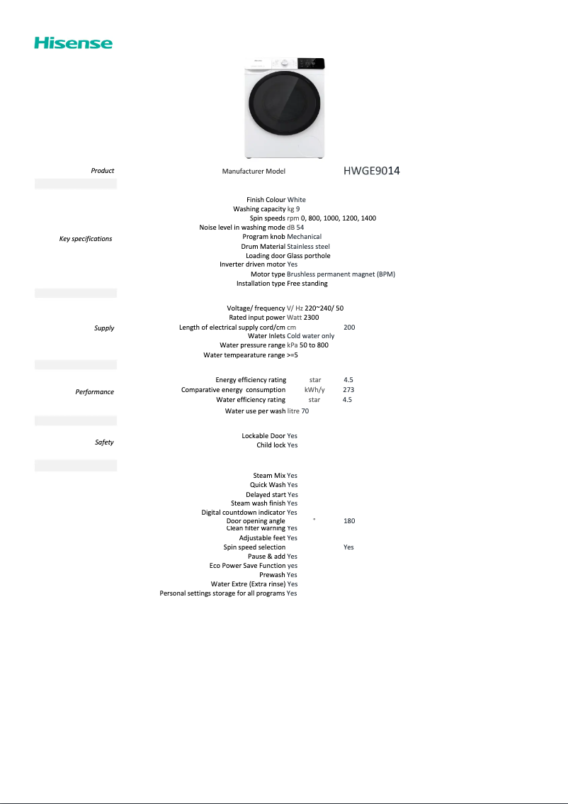 Page 1 de la notice Fiche technique Hisense HWGE9014