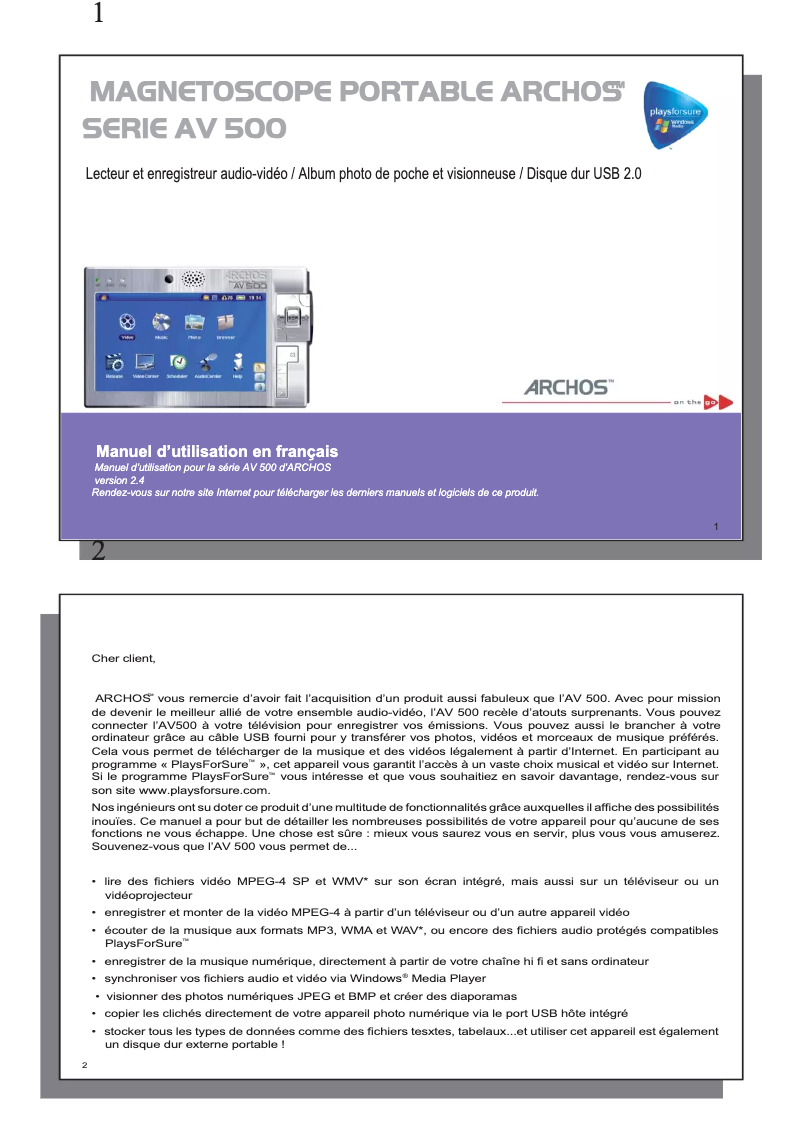 Page 1 de la notice Manuel utilisateur Archos AV500