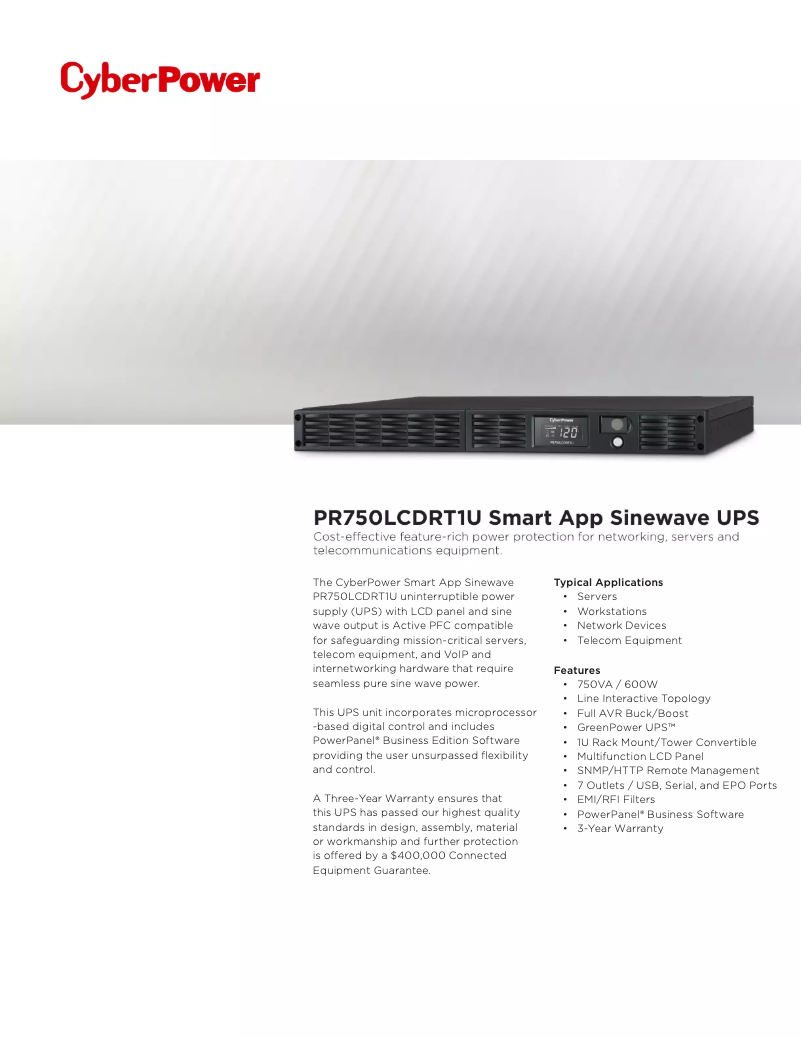 Page 1 de la notice Fiche technique CyberPower PR750LCDRT1U