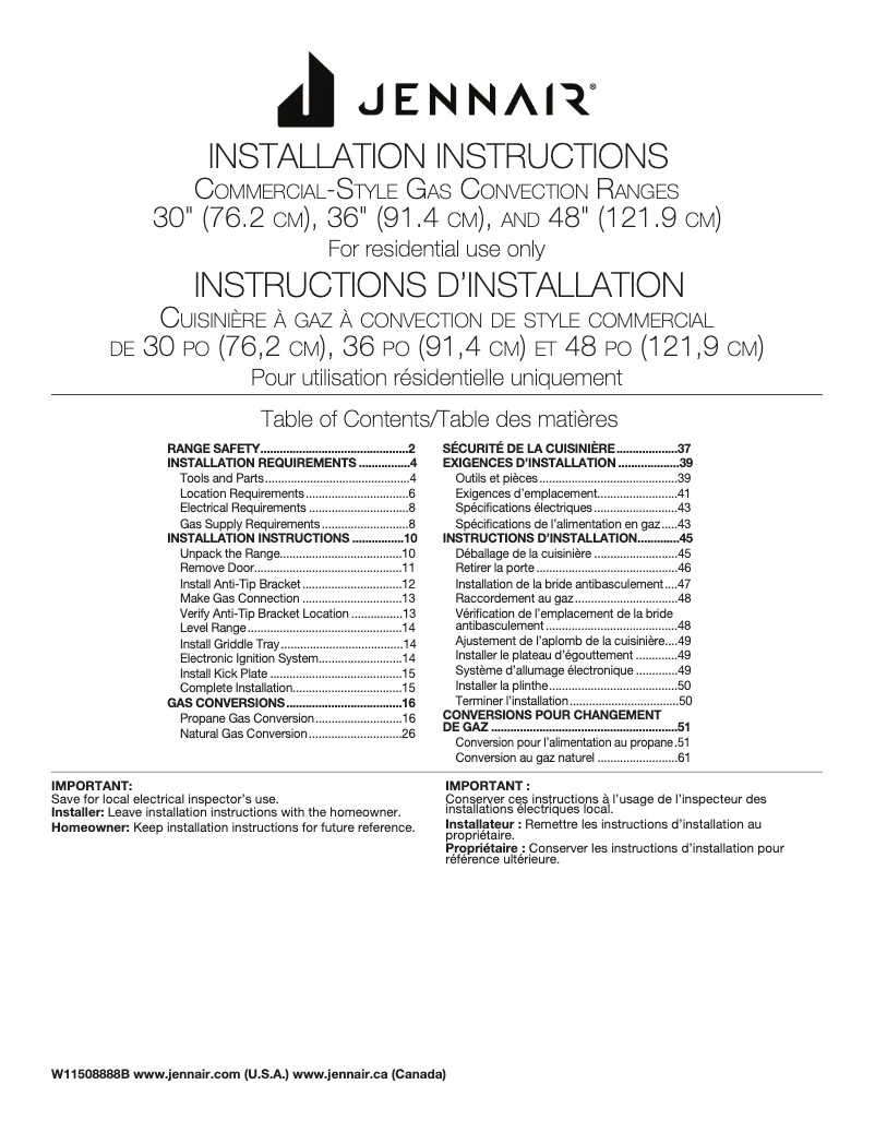 Page 1 de la notice Guide d'installation Jenn-Air JGRP536HM