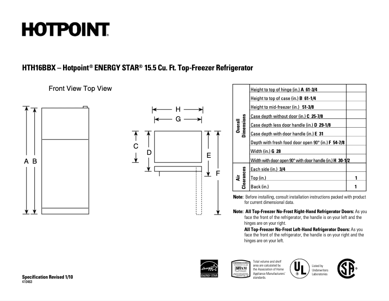 Page 1 de la notice Fiche technique Hotpoint HTH16BBXLWW