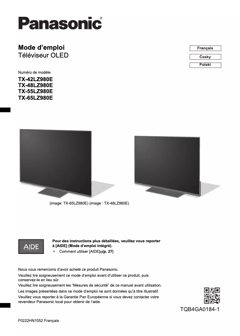 Page 1 de la notice Guide de démarrage rapide Panasonic TX-42LZ980E