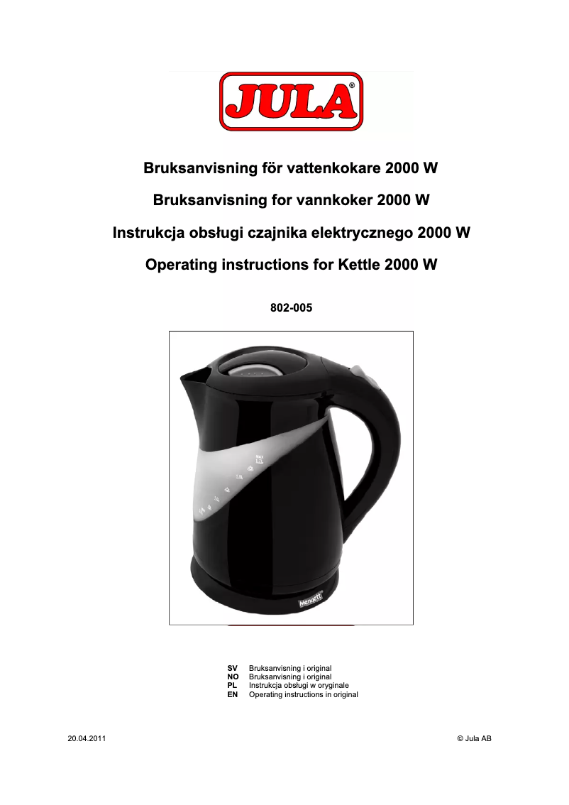 Page 1 de la notice Manuel utilisateur Menuett 802-005