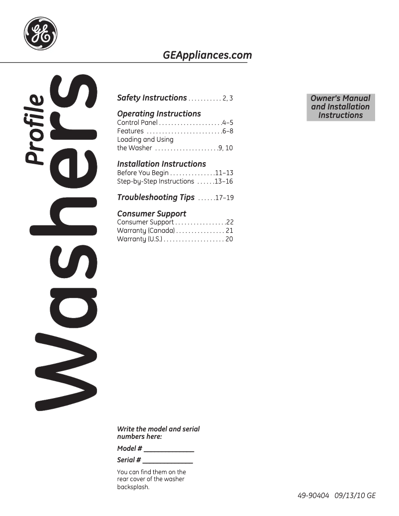 Page n°1 - Guide d'installation GE Profile Harmony PTWN8055MMS