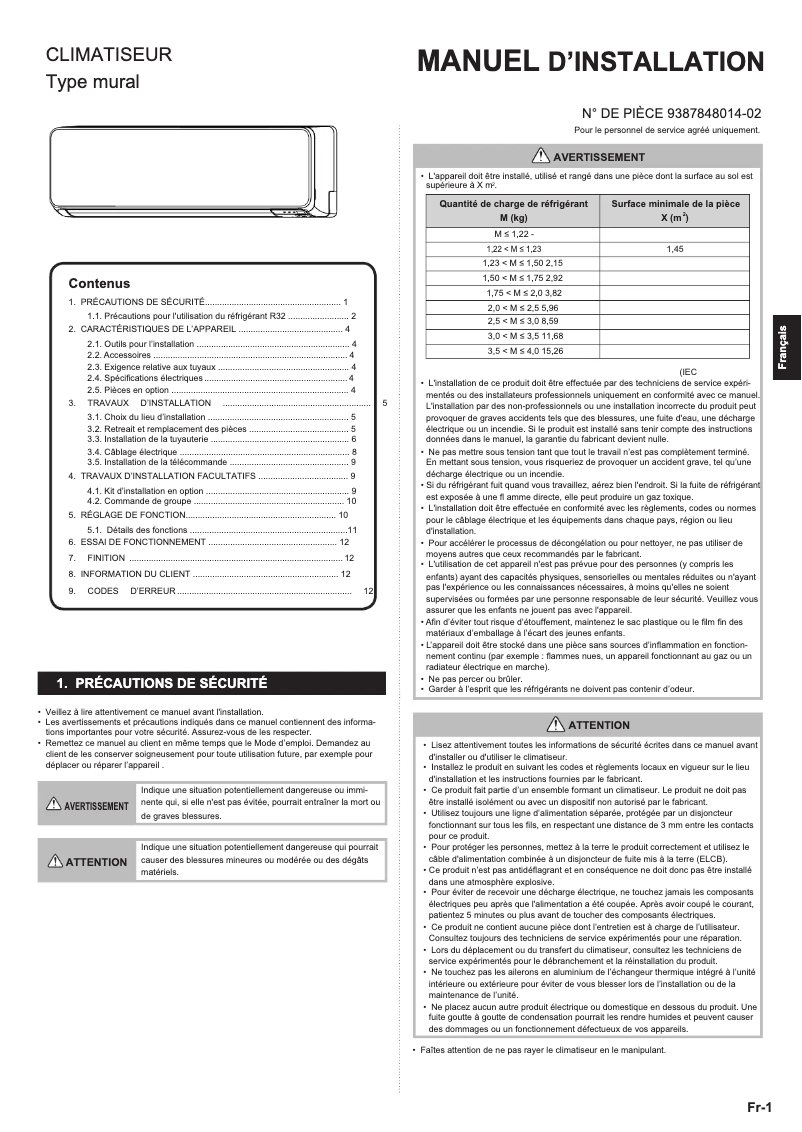 Page 1 de la notice Manuel utilisateur Fujitsu ASHG09KMCC