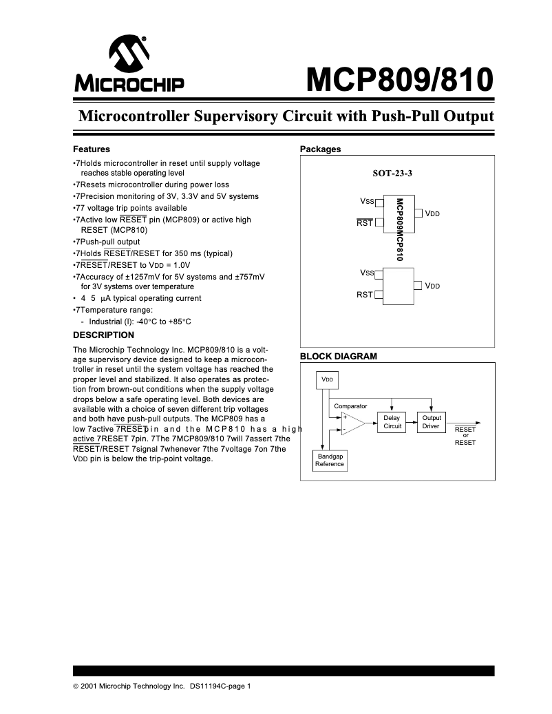 Página 1 del manual Ficha técnica Microchip MCP809