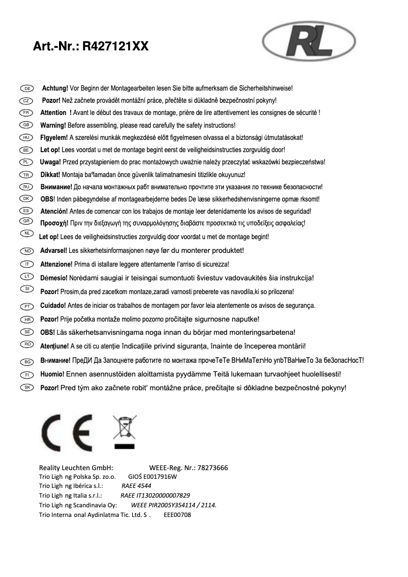 Page n°1 - Manuel utilisateur Trio Lighting Arras LED