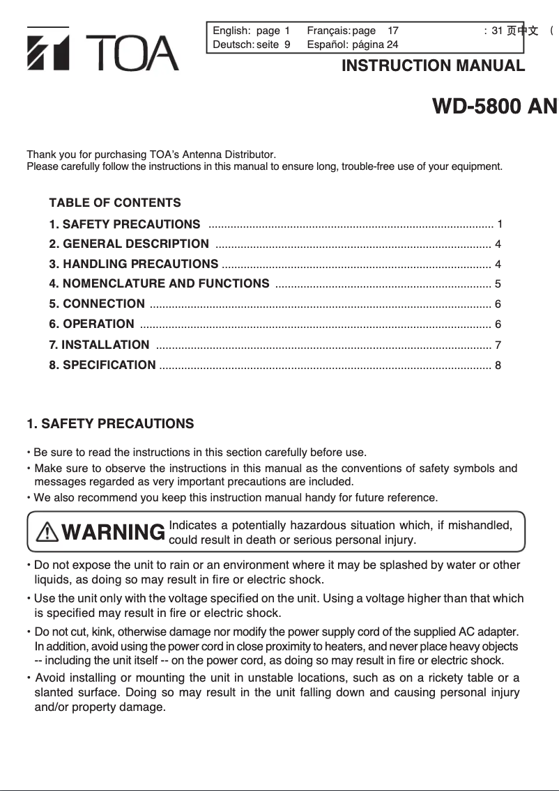 Page n°1 - Manuel utilisateur TOA WD-5800