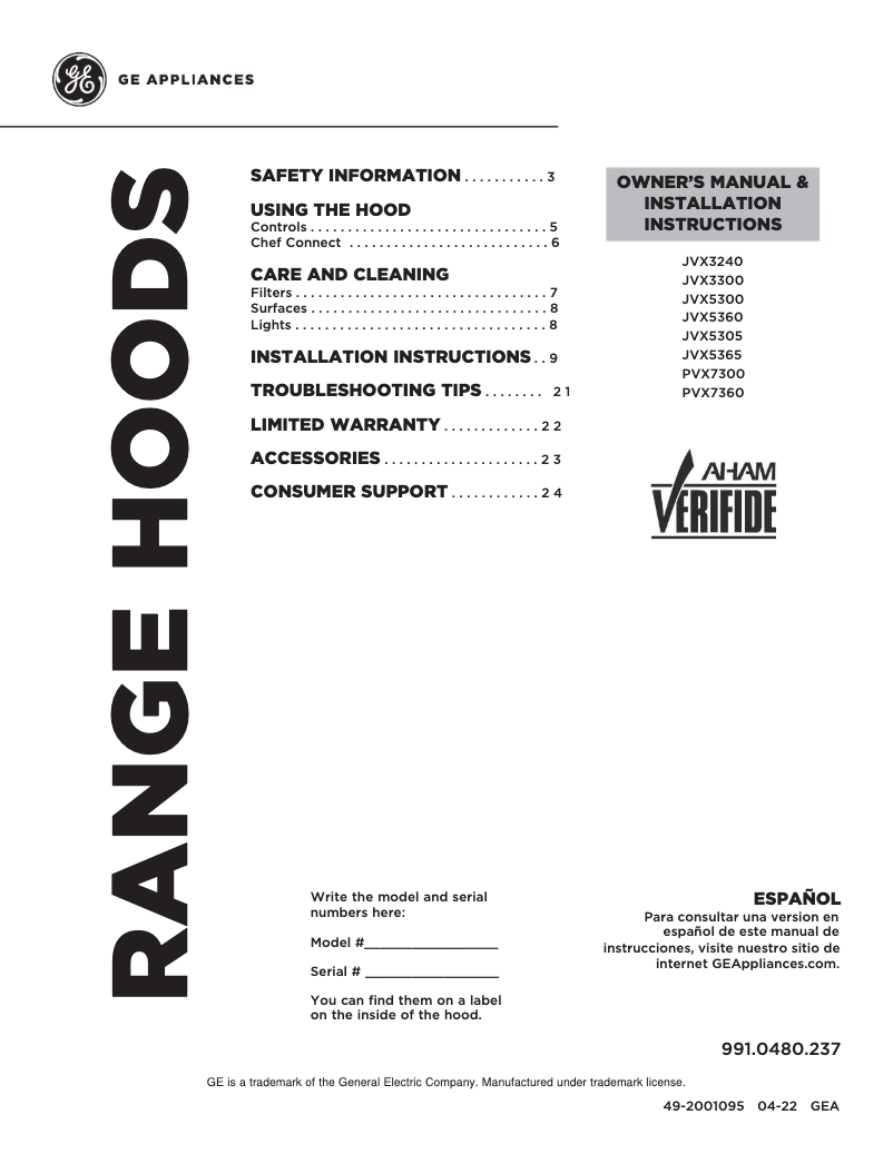 Page 1 de la notice Manuel d'utilisation et d'entretien GE JVX5305SJSS