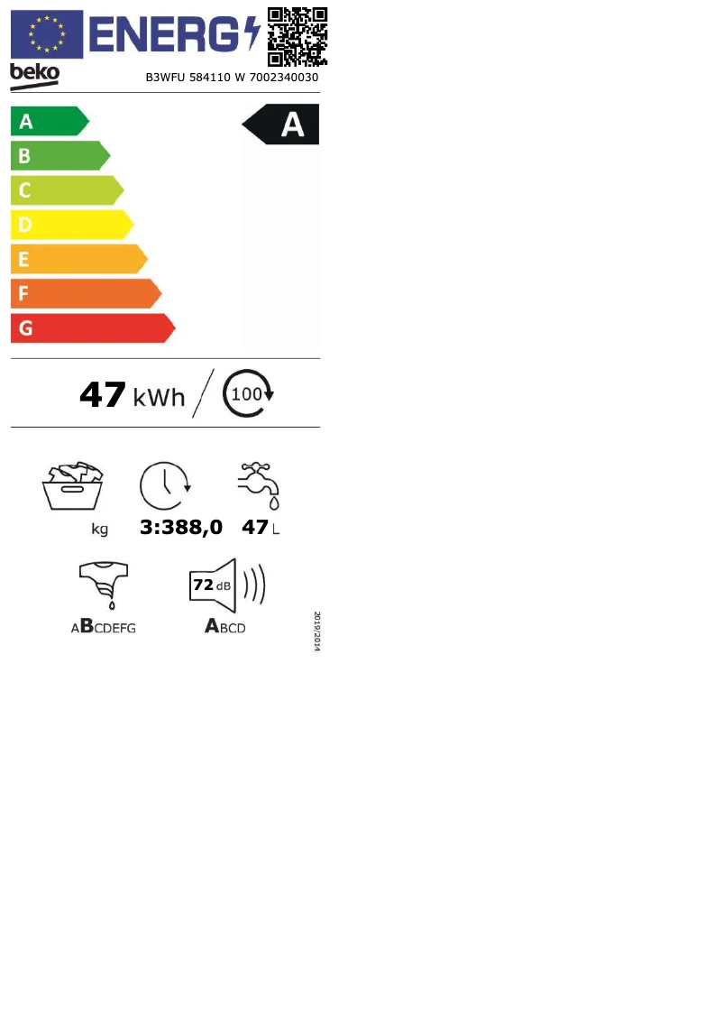 Page 1 de la notice Label énergétique Beko B3WFU 584110 W