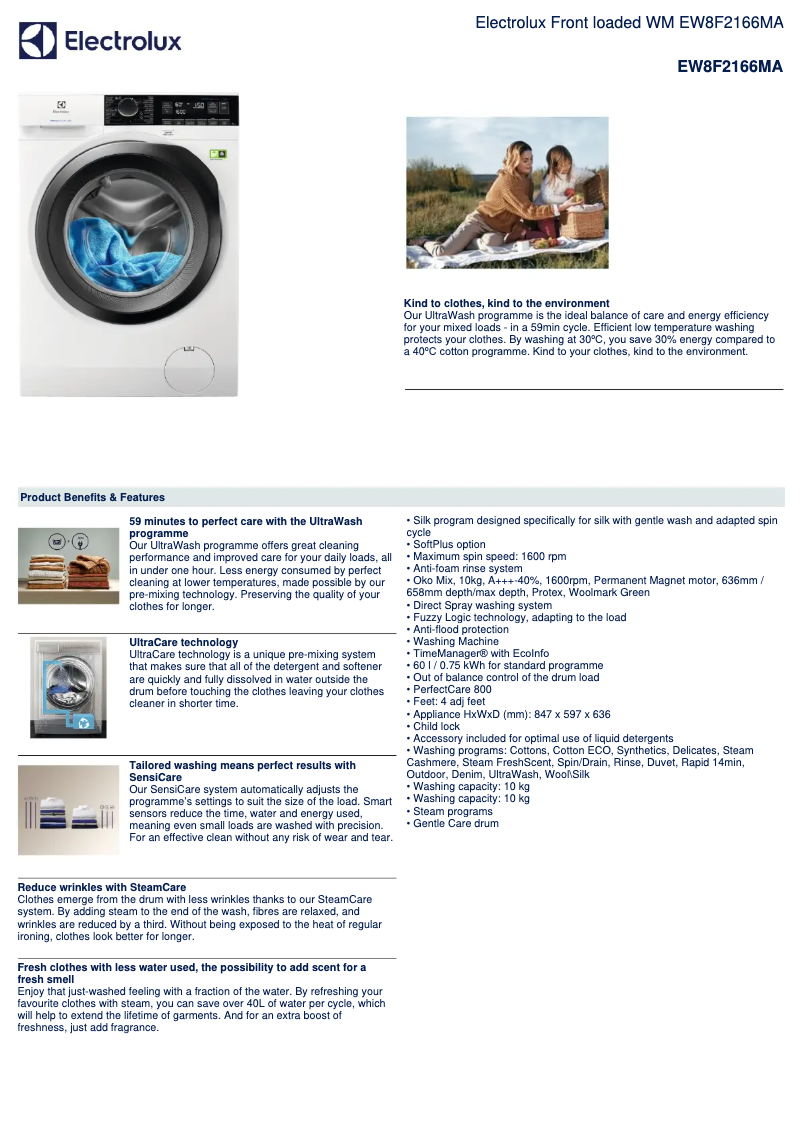 Page 1 de la notice Fiche technique Electrolux EW8F2166MA