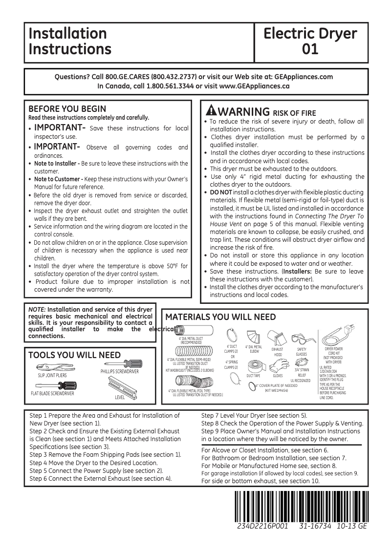 Page 1 de la notice Guide d'installation GE GTDX185EDCC