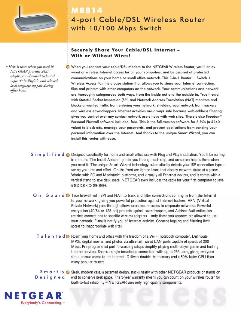 Page 1 de la notice Fiche technique Netgear MR814v2